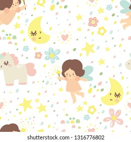 Seamless pattern with fairies and unicorn