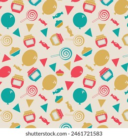 Seamless pattern with fairs elements. Vector Pattern with goods that are sold at the fair. Jam, sweets, balloons, flags, cakes, lollipops. For the design of banners, invitations, fairs