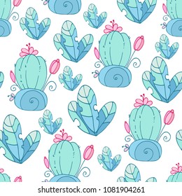 Seamless pattern with fairy candy cactus, plants. Printable templates for fabrics, textiles, paper, wallpaper.
