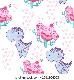 Seamless pattern with fairy candy trees and dinosaurs Tyrannosaurus. Printable templates for fabrics, textiles, paper, wallpaper.