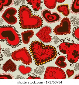 Seamless pattern of fairy doodle red hearts