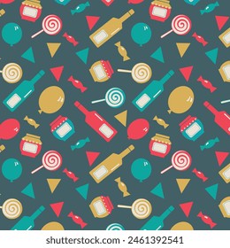 Seamless pattern with fairy elements. Vector Pattern with goods that are sold at the fair. Jam, sweets, balls, flags, wine, cakes, lollipops. For the design of banners, invitations, fairs