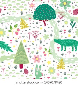 Seamless Сhildish Pattern with Fairy Flowers, Bunny and Fox or Wolf or Leopard. Vector illustration. Creative Kids City Texture for Fabric, Wrapping, Textile, Wallpaper, Apparel. 