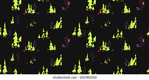 Seamless pattern. Fairy forest with owls and monsters. On the illustration there are pine trees, branched trees with circles and pendants made of hearts. Very light pastel colors