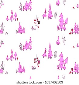Seamless pattern. Fairy forest with owls and monsters. On the illustration there are pine trees, branched trees with circles and pendants made of hearts. Very light pastel colors