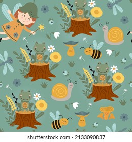 seamless pattern with fairy, frog, insect