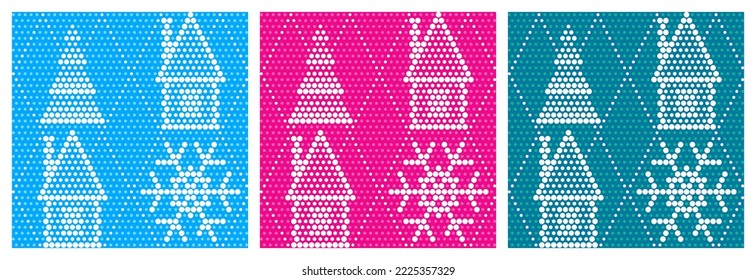 Seamless pattern with fairy house, snowflakes and dotted texture. Each pattern is isolated. Winter seamless pattern for Christmas or New Year decoration, cover or other using. Vector illustration. Set