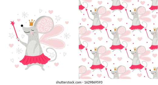 Seamless pattern Fairy mouse with magic wand. Cool animal illustration for nursery t-shirt, kids apparel, birthday card, invitation.