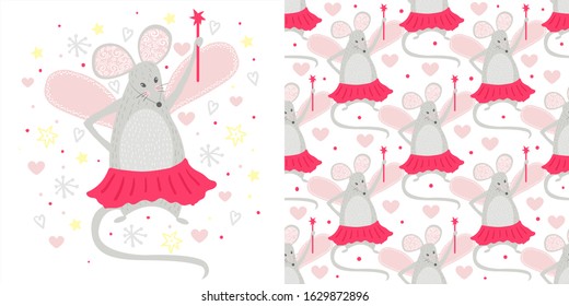 Seamless pattern Fairy mouse with magic wand. Cool animal illustration for nursery t-shirt, kids apparel, birthday card, invitation.