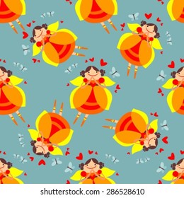 Seamless pattern with fairy on a blue background.