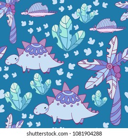 Seamless pattern with fairy palm trees and plants with a dinosaur Stegosaurus on a blue background. Printable templates for fabrics, textiles, paper, wallpaper.