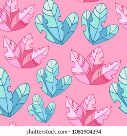 Seamless pattern with fairy pink, blue plants on a pink background. Printable templates for fabrics, textiles, paper, wallpaper.