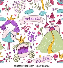 Seamless pattern with fairy princess and her castle.  Hand drawn design for Birthday and Baby Shower greeting cards, fabric, wrapping paper, invitation, stationery. Vector illustration.