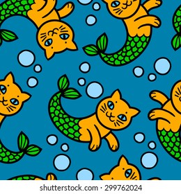 Seamless pattern with fairy sea cats