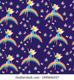 Seamless pattern with fairy sitting on the rainbow with a magic wand. Background with fairy for girls. Children's background for girls. Pattern for kids, pattern with fairy. 