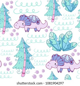 Seamless pattern with fairy spruce, plants and dinosaurs  Triceratops. Printable templates for fabrics, textiles, paper, wallpaper.