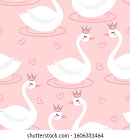 Seamless pattern of fairy swan and heart on pink background. Cute cartoon character. 