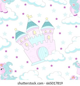 Seamless pattern with fairy tale castle. Beautiful background. Vector illustration.