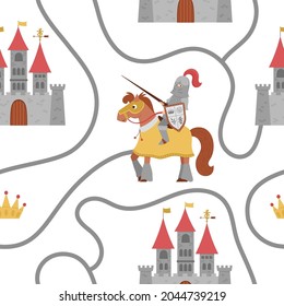 Seamless pattern with fairy tale knight, road, castle, crown. Repeat background with fantasy armored warrior and kingdom plan. Fairytale soldier digital paper. Stylized medieval texture
