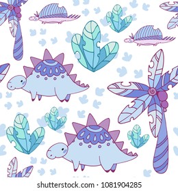Seamless pattern with fairy trees and plants with a dinosaur Stegosaurus. Printable templates for fabrics, textiles, paper, wallpaper.