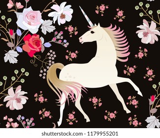 Seamless pattern with fairy unicorn and beautiful garden flowers isolated on black background in vector. Print for fabric, wallpaper, greeting or invitation card.