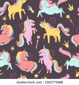 Seamless pattern with fairy unicorns. Vector illustration for your design