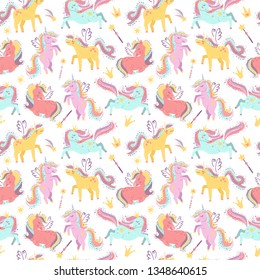 Seamless pattern with fairy unicorns. Vector illustration for your design