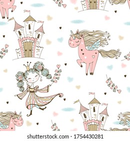 Seamless pattern fairyland with princesses and princes with dragons and castles. Vector