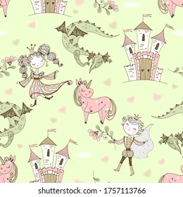 Seamless pattern fairyland with princesses and princes with dragons and castles. Vector