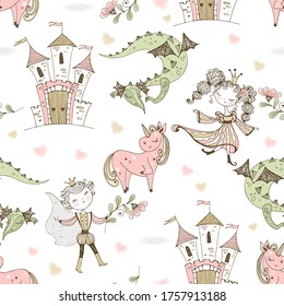 Seamless pattern fairyland with princesses and princes with dragons and castles. Vector