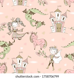 Seamless pattern fairyland with princesses and princes with dragons and castles. Vector