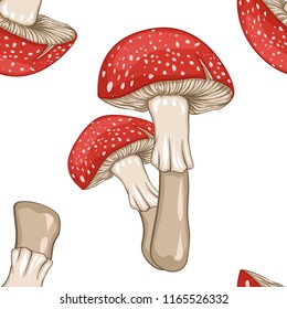 Seamless pattern of fairy-mushroom. Vector illustration isolated on white background.