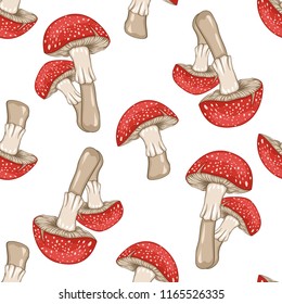 Seamless pattern of fairy-mushroom. Vector illustration isolated on white background.