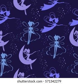 Seamless pattern with fairy.Pattern with Fairy flying. Fairy with a magic wand. Background  with fairy for girls.