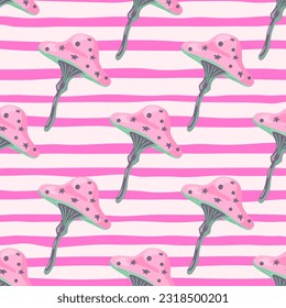 Seamless pattern with fairytail mushrooms. Magical fly agaric wallpaper. For fabric design, textile print, wrapping paper, cover. Vector illustration
