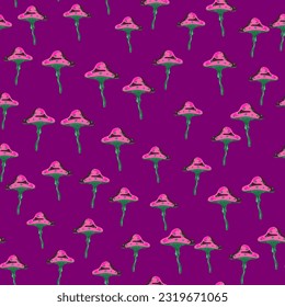 Seamless pattern with fairytail mushrooms. Magical fly agaric wallpaper. For fabric design, textile print, wrapping paper, cover. Vector illustration