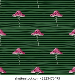 Seamless pattern with fairytail mushrooms. Magical fly agaric wallpaper. For fabric design, textile print, wrapping paper, cover. Vector illustration