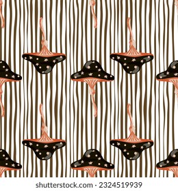 Seamless pattern with fairytail mushrooms. Magical fly agaric wallpaper. For fabric design, textile print, wrapping paper, cover. Vector illustration