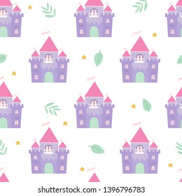 Seamless pattern with fairytale castles on a white background in cartoon style. Children background in vector.