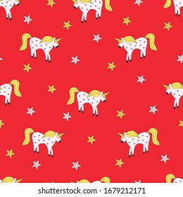 Seamless pattern of fairy-tale drawings and characters unicorn and stars on a red background.