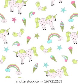 Seamless pattern of fairy-tale drawings and characters unicorn rainbow, clouds and heart, ice cream on a white background.