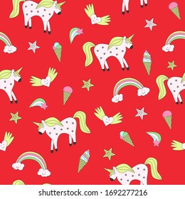 Seamless pattern of fairy-tale drawings and characters unicorn rainbow, clouds and heart, ice cream on a red background.