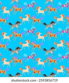 Seamless pattern with fairytale horses on a sky blue background for textiles.