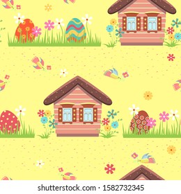 Seamless pattern with fairytale house, painted eggs in the grass, flowers. Beautiful birds hold a flower in their beak. Endless background  for decoration of nursery, Happy Easter celebration. Vector