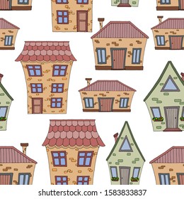 seamless pattern, fairytale houses in pastel colors, wallpaper ornament, wrapping paper
