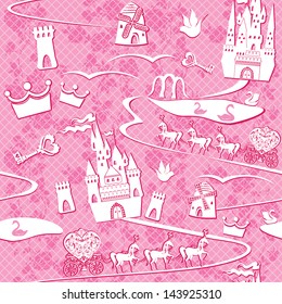seamless pattern with fairytale land - castles, lakes, roads, 	 mills,carriages and horses - Pink princess background