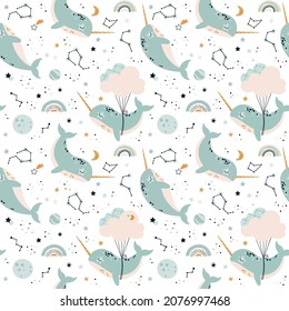 Seamless pattern with fairytale narwhals. Children's print for textiles