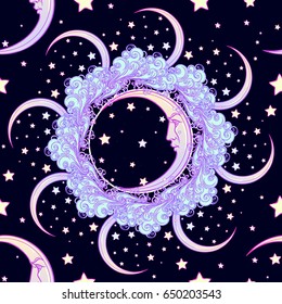 Seamless pattern. Fairytale style crescent moon with a human face surrounded by ornate clouds with a starry nignht sky behind. Sticker isolated on white background, tattoo or greeting card design.