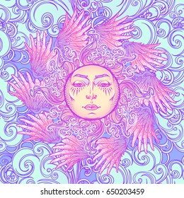 Seamless pattern. Fairytale style sun with a human face surrounded by birdwings arrangen in circular shape. Biblical Cherub. Decorative element for tattoo textile prints or greeting card design.