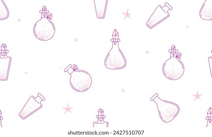 Seamless pattern with fairytale vials and bottles. Texture with vintage bottles with magic potion. Decorative stars with sparkling glitters. Poison or elixir. Premium shiny magic liquid potion bottle